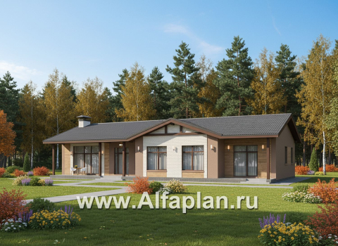 «Прометей» - проект одноэтажного дома c террасой вдоль дома, планировка мастер спальня, 4 ОДИНАКОВЫХ детских спальни, постирочная - превью дополнительного изображения №2