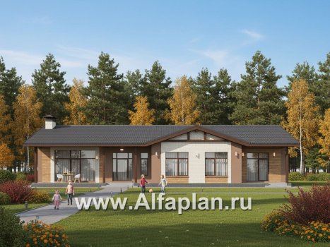 «Прометей» - проект одноэтажного дома c террасой вдоль дома, планировка мастер спальня, 4 ОДИНАКОВЫХ детских спальни, постирочная - превью дополнительного изображения №3