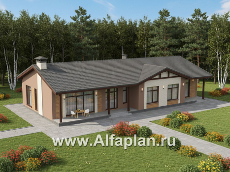 «Прометей» - проект одноэтажного дома c террасой вдоль дома, планировка мастер спальня, 4 ОДИНАКОВЫХ детских спальни, постирочная - превью дополнительного изображения №4