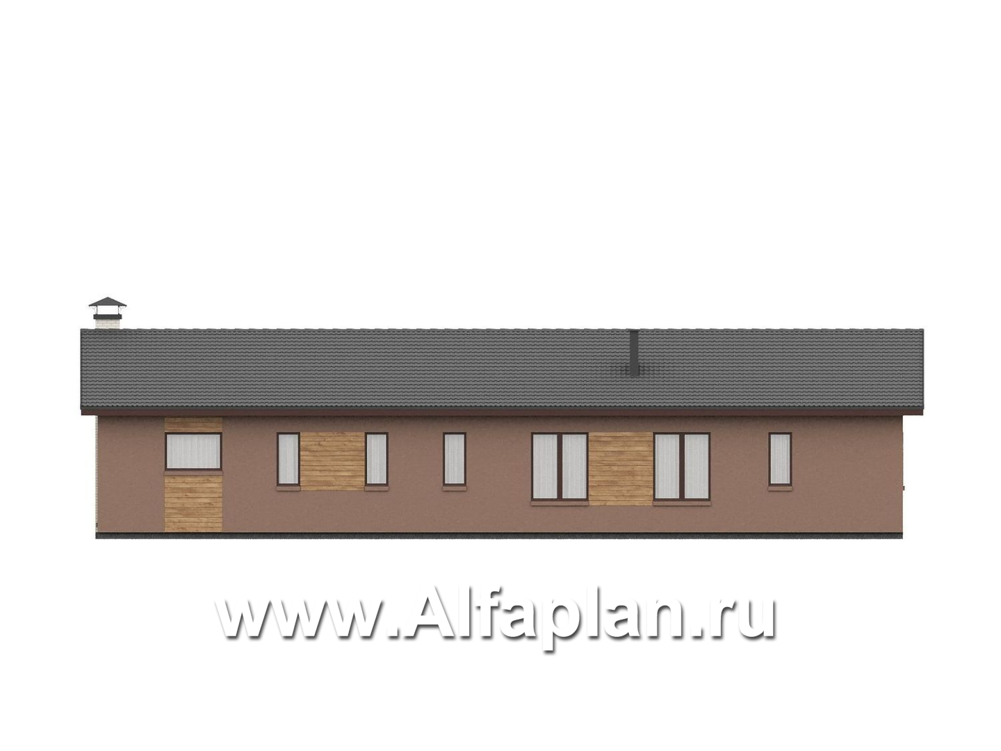 «Прометей» - проект одноэтажного дома c террасой вдоль дома, планировка мастер спальня, 4 ОДИНАКОВЫХ детских спальни, постирочная - фасад дома - фото №3