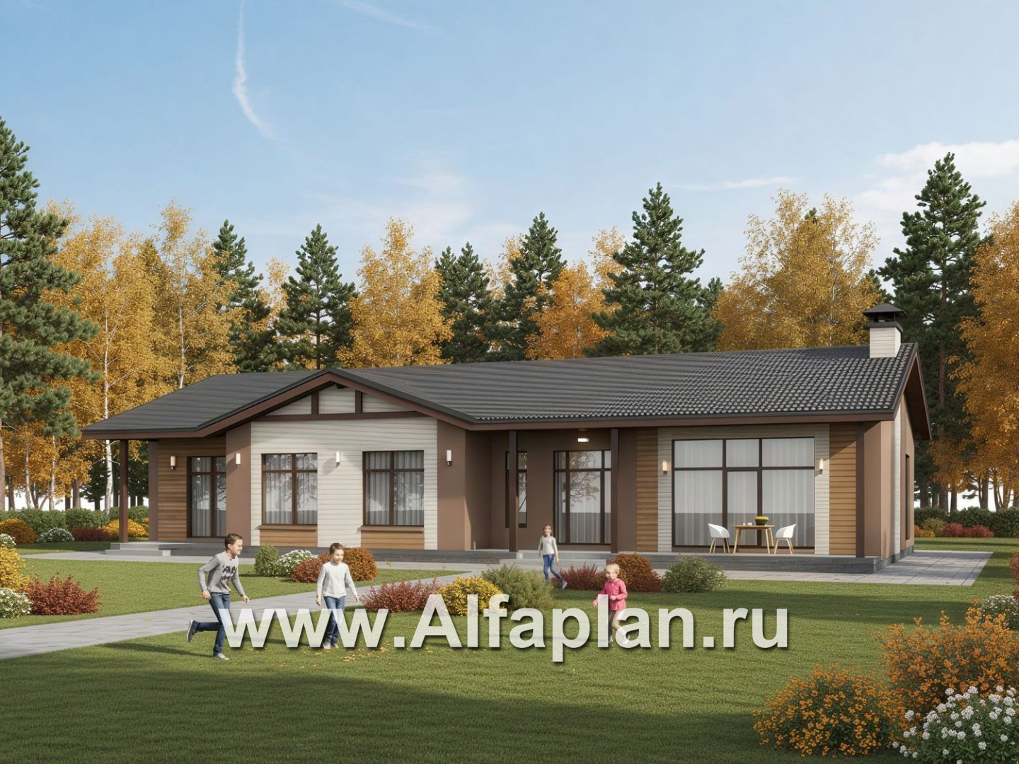 «Прометей» - проект одноэтажного дома c террасой вдоль дома, планировка мастер спальня, 4 ОДИНАКОВЫХ детских спальни, постирочная - основное изображение