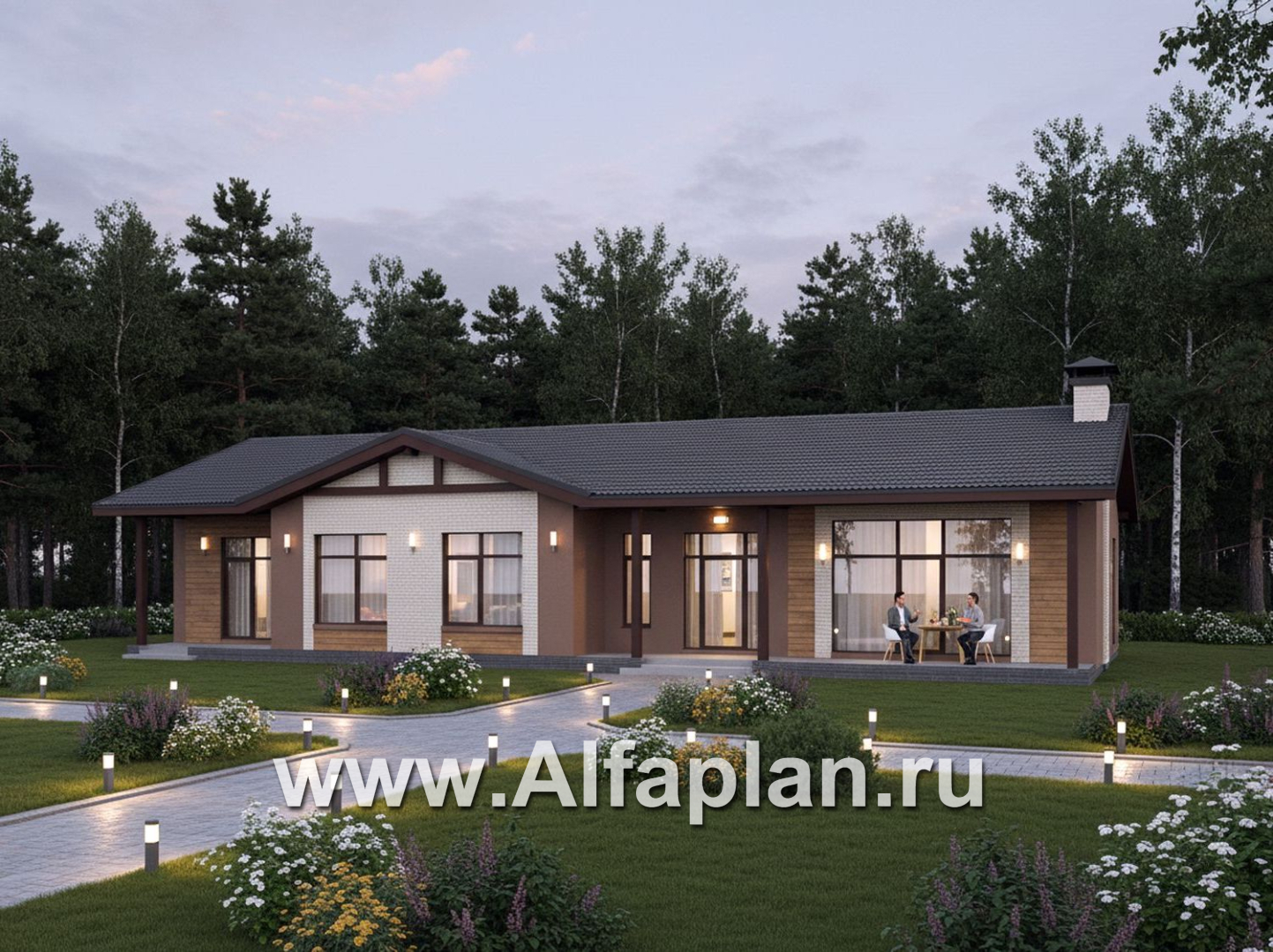 «Прометей» - проект одноэтажного дома c террасой вдоль дома, планировка мастер спальня, 4 ОДИНАКОВЫХ детских спальни, постирочная - дизайн дома №1