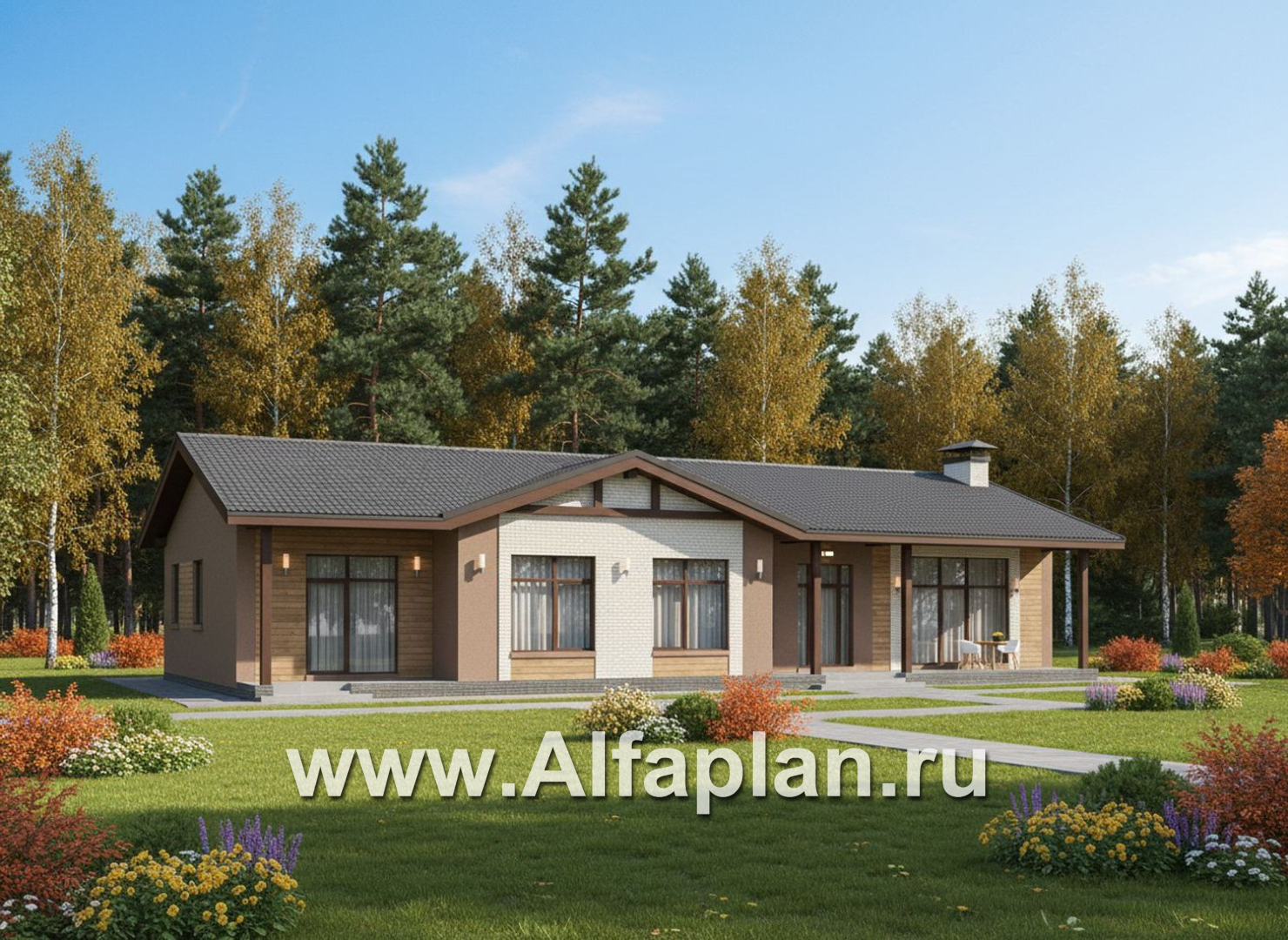 «Прометей» - проект одноэтажного дома c террасой вдоль дома, планировка мастер спальня, 4 ОДИНАКОВЫХ детских спальни, постирочная - дизайн дома №2