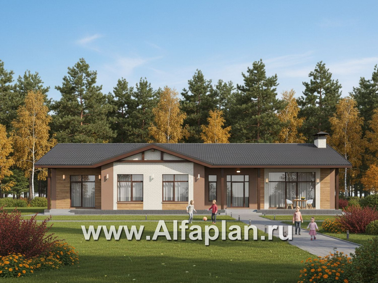 «Прометей» - проект одноэтажного дома c террасой вдоль дома, планировка мастер спальня, 4 ОДИНАКОВЫХ детских спальни, постирочная - дизайн дома №3