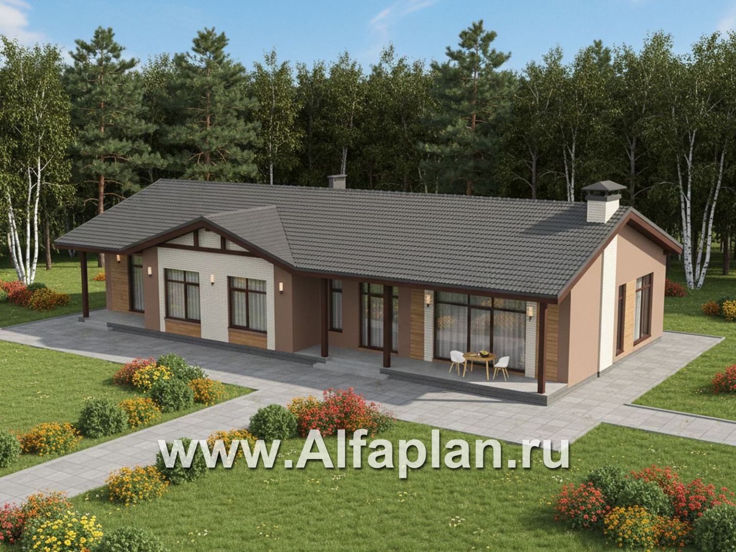 «Прометей» - проект одноэтажного дома c террасой вдоль дома, планировка мастер спальня, 4 ОДИНАКОВЫХ детских спальни, постирочная - дизайн дома №4