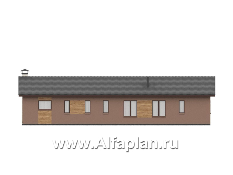 «Прометей» - проект одноэтажного дома c террасой вдоль дома, планировка мастер спальня, 4 ОДИНАКОВЫХ детских спальни, постирочная - превью фасада дома - фото №3