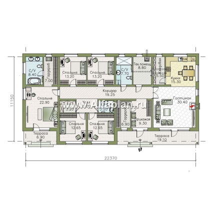 «Прометей» - проект одноэтажного дома c террасой вдоль дома, планировка мастер спальня, 4 ОДИНАКОВЫХ детских спальни, постирочная - превью план дома - фото №1
