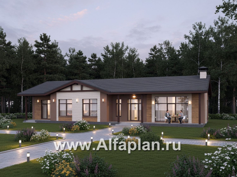 «Прометей» - проект одноэтажного дома c террасой вдоль дома, планировка мастер спальня, 4 ОДИНАКОВЫХ детских спальни, постирочная - превью дополнительного изображения №1