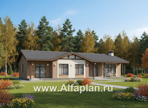 «Прометей» - проект одноэтажного дома c террасой вдоль дома, планировка мастер спальня, 4 ОДИНАКОВЫХ детских спальни, постирочная - превью дополнительного изображения №2