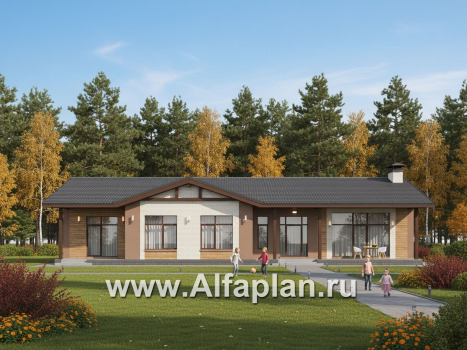 «Прометей» - проект одноэтажного дома c террасой вдоль дома, планировка мастер спальня, 4 ОДИНАКОВЫХ детских спальни, постирочная - превью дополнительного изображения №3