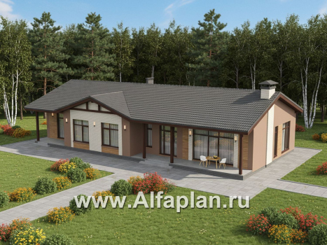 «Прометей» - проект одноэтажного дома c террасой вдоль дома, планировка мастер спальня, 4 ОДИНАКОВЫХ детских спальни, постирочная - превью дополнительного изображения №4