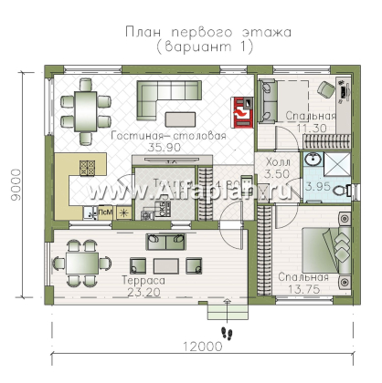 «Бета» - проект каркасного одноэтажного дома с террасой со стороны входа, с кирпичной ПЕЧЬЮ - превью план дома - фото №1