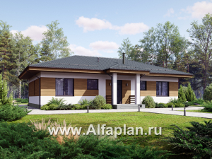 Проект одноэтажного коттеджа из газобетона, 4 спальни, с террасой