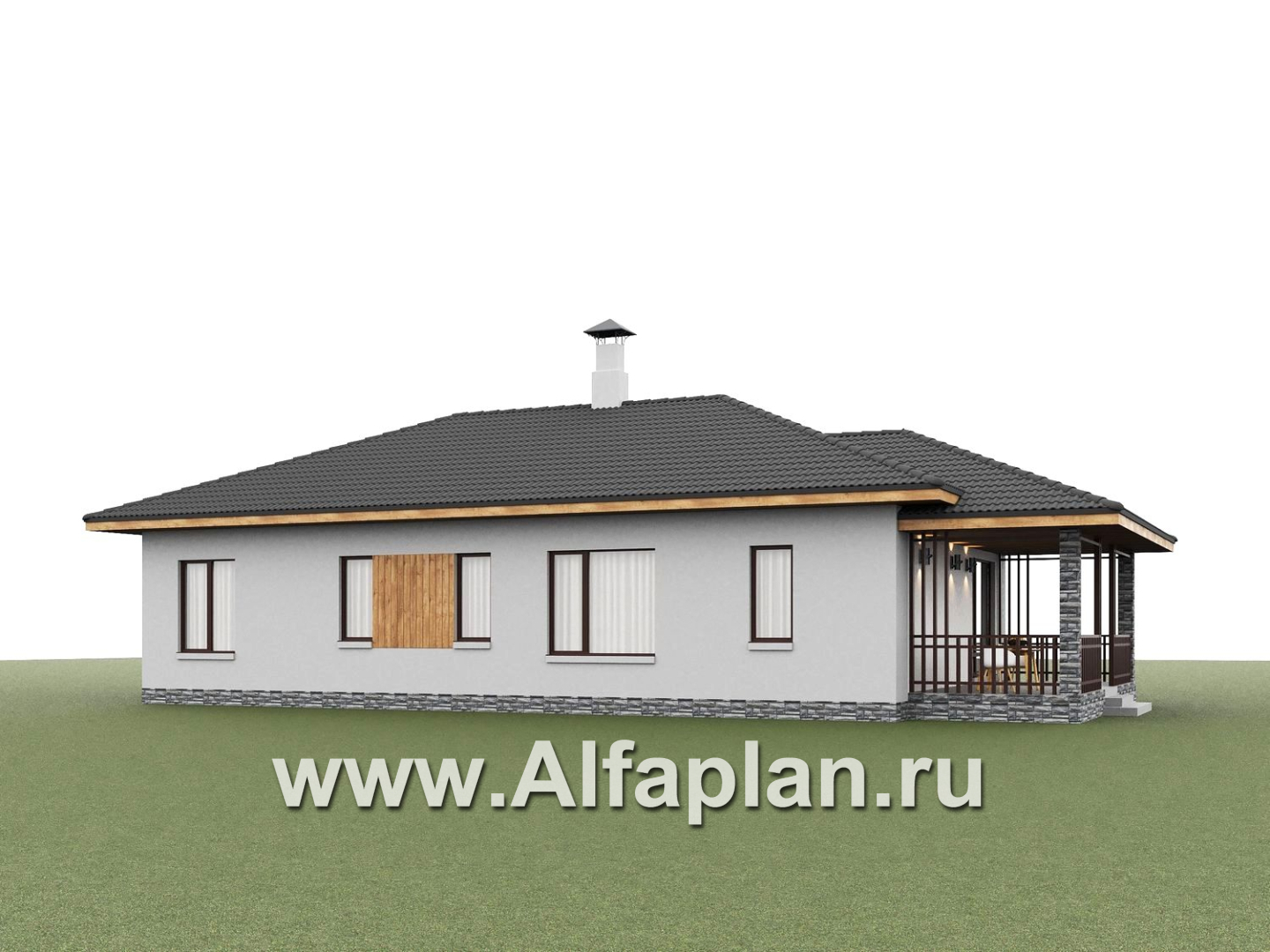 «Крылья» - проект современного одноэтажного дома из газобетона, 3 спальни, гостиная со вторым светом, терраса  - дизайн дома №4