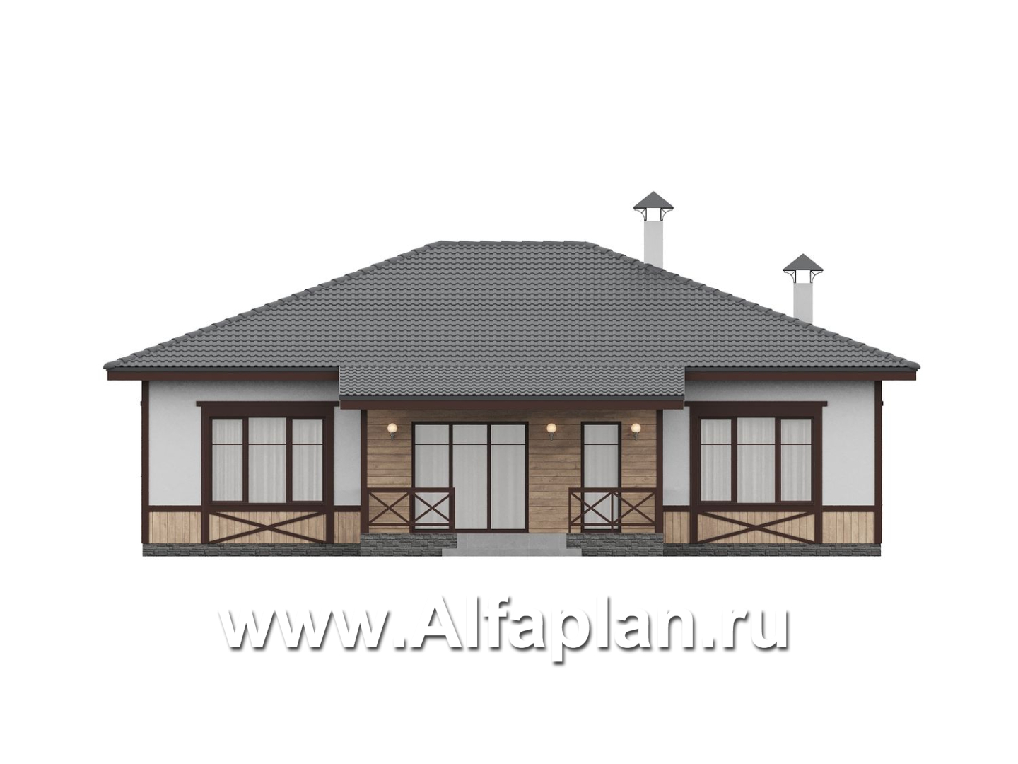 «Кострома» - проект одноэтажного дома в русском стиле, 3 спальни, мастер спальня, кладовая при кухне, с террасой - фасад дома - фото №3