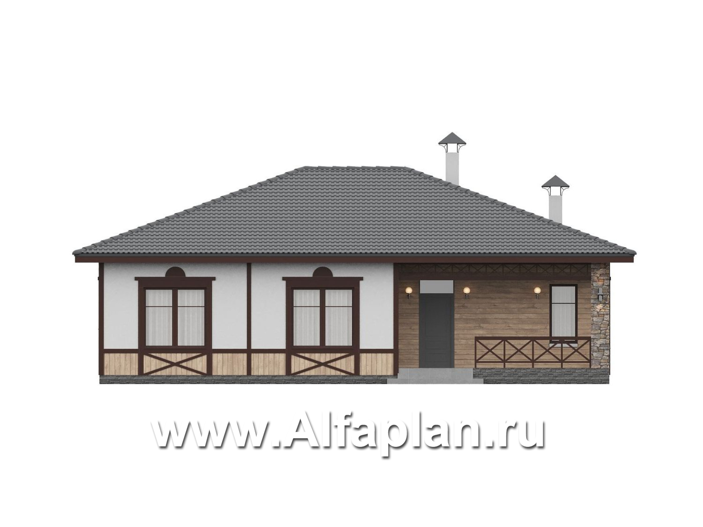 «Кострома» - проект одноэтажного дома в русском стиле, 3 спальни, мастер спальня, кладовая при кухне, с террасой - фасад дома - фото №1