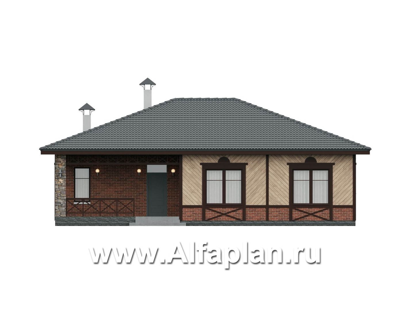 «Кострома» - проект одноэтажного дома, современный русский стиль, 3 спальни, мастер спальня, кладовая при кухне, с террасой - фасад дома - фото №1