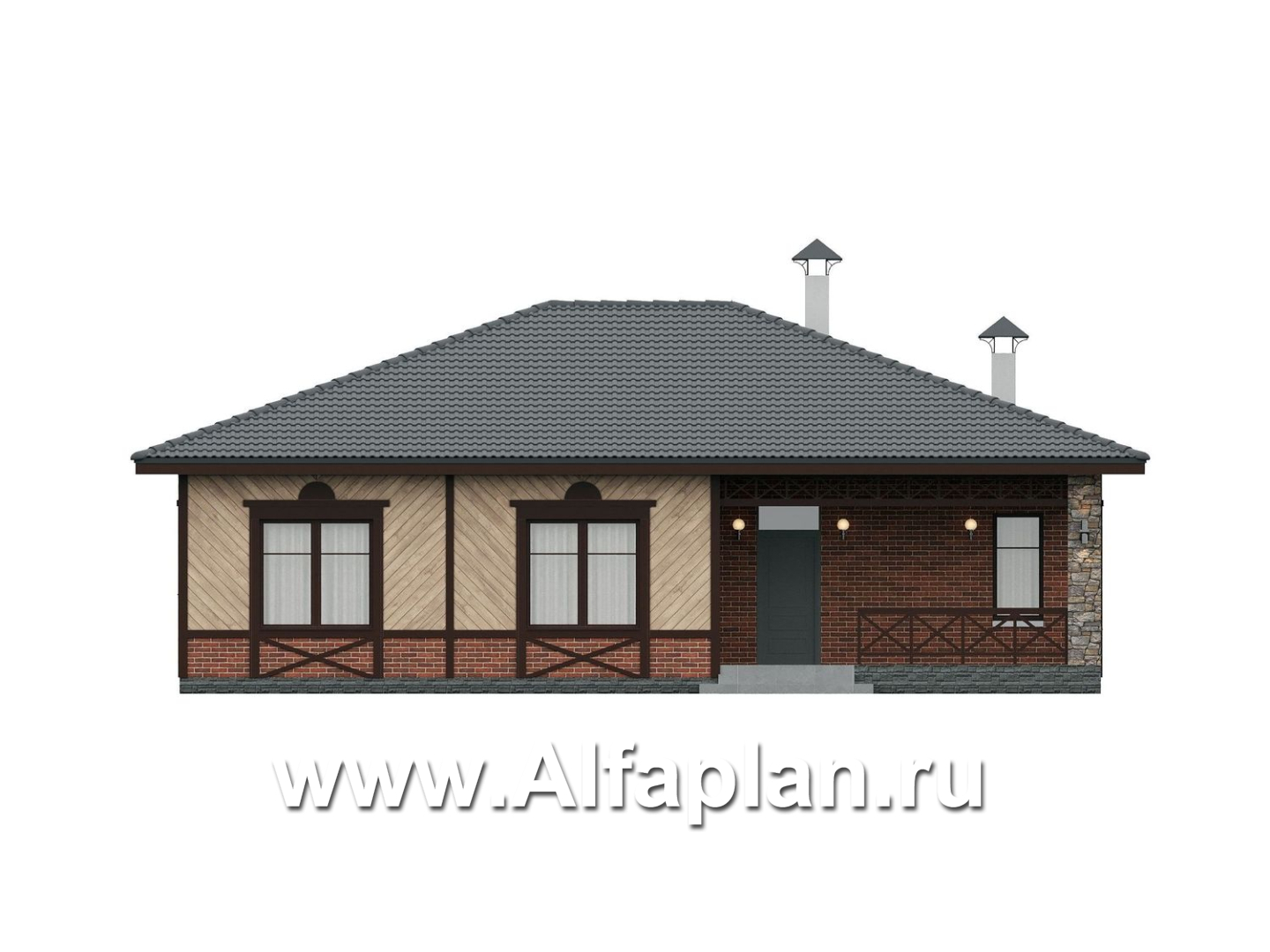 «Кострома» - проект одноэтажного дома, современный русский стиль, 3 спальни, мастер спальня, кладовая при кухне, с террасой - фасад дома - фото №1