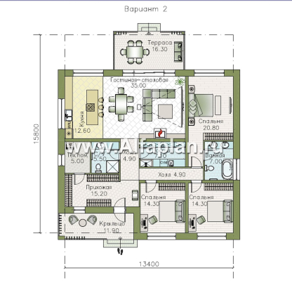 «Навигатор» - проект одноэтажного дома в современном стиле, 3 спальни, мастер спальня, кладовая при кухне, с террасой  - превью план дома - фото №1