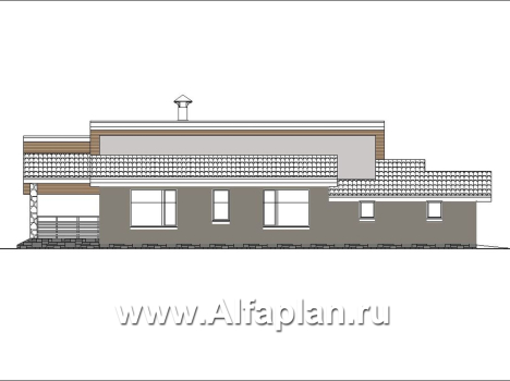 «Дриада» - проект одноэтажного дома, 2 спальни, с террасой, с гаражом на 1 авто, в современном стиле. Есть вариант без террасы - превью фасада дома - фото №1