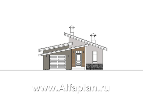 «Дриада» - проект одноэтажного дома, 2 спальни, с террасой, с гаражом на 1 авто, в современном стиле. Есть вариант без террасы - превью фасада дома - фото №2