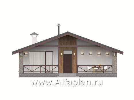 «Елань» - проект КАРКАСНОГО, практичного одноэтажного коттеджа с двускатной крышей, планировка 2 спальни, с террасой - превью фасада дома - фото №1