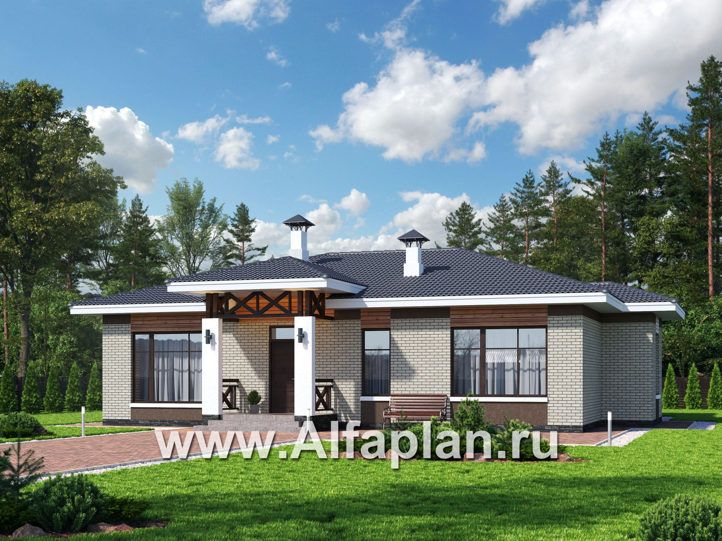 Проекты домов Альфаплан - «Покровка» - красивый дом, проект одноэтажного коттеджа из газобетона, мастер спальня, с террасой - основное изображение