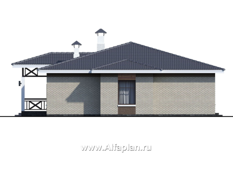 Проекты домов Альфаплан - «Покровка» - красивый дом, проект одноэтажного коттеджа из газобетона, мастер спальня, с террасой - превью фасада №2