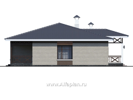 Проекты домов Альфаплан - «Покровка» - красивый дом, проект одноэтажного коттеджа из газобетона, мастер спальня, с террасой - превью фасада №3