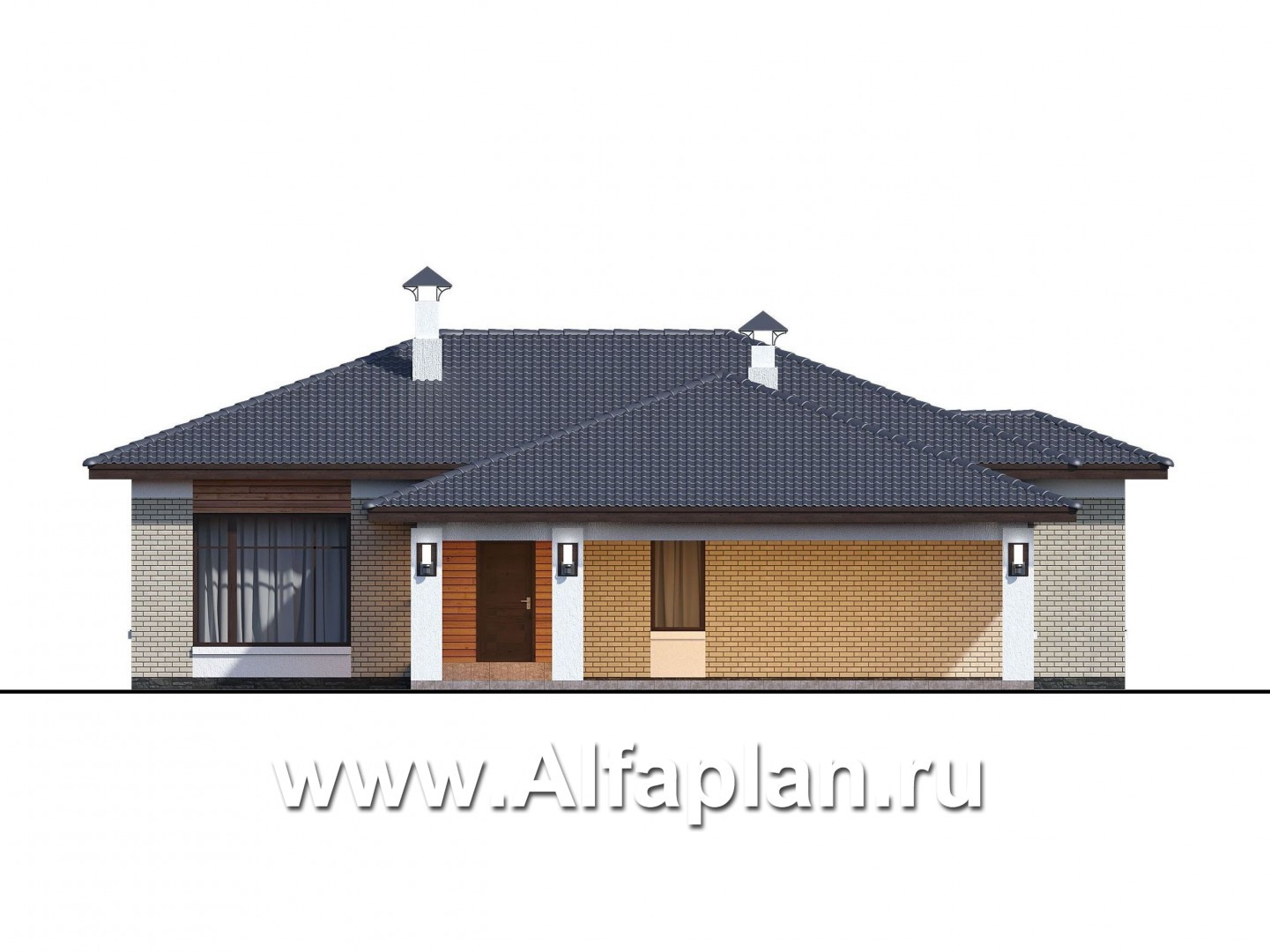 Проекты домов Альфаплан - «Покровка» - красивый дом, проект одноэтажного коттеджа из газобетона, мастер спальня, с террасой и с навесом на 2 авто - изображение фасада №1