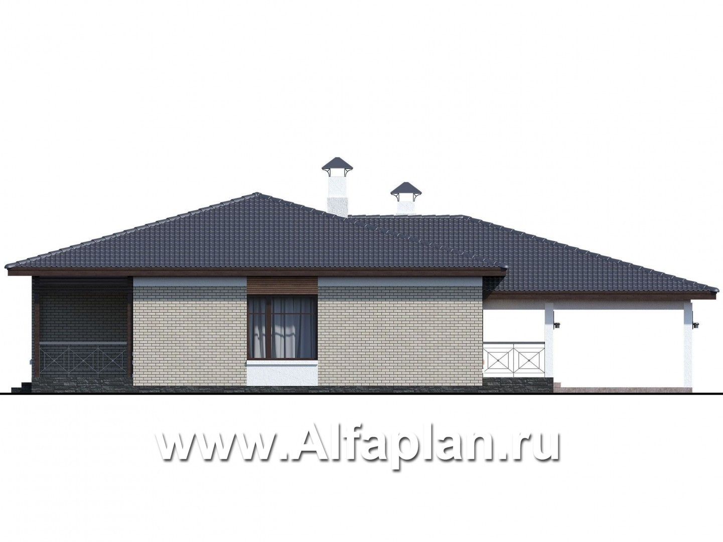 Проекты домов Альфаплан - «Покровка» - стильный одноэтажный коттедж с гаражом-навесом - изображение фасада №3