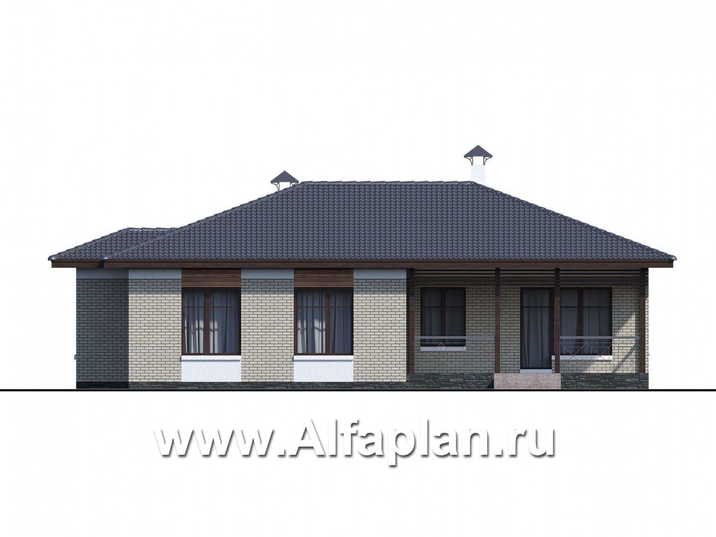 Проекты домов Альфаплан - «Покровка» - красивый дом, проект одноэтажного коттеджа из газобетона, мастер спальня, с террасой и с навесом на 2 авто - изображение фасада №4
