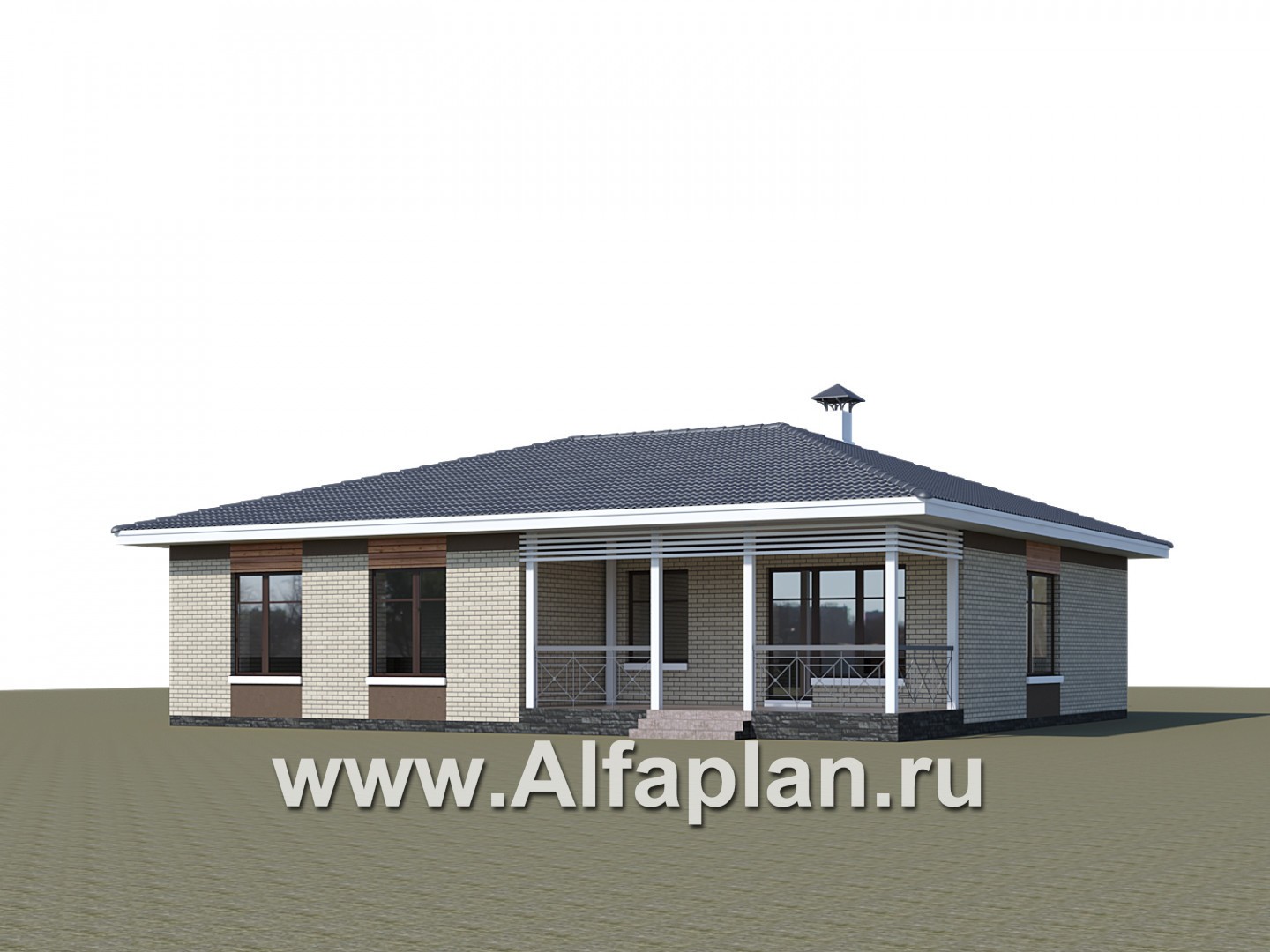 Проекты домов Альфаплан - «Покровка» - красивый дом, проект одноэтажного коттеджа из газобетона, мастер спальня, с террасой и с навесом на 2 авто - дополнительное изображение №1