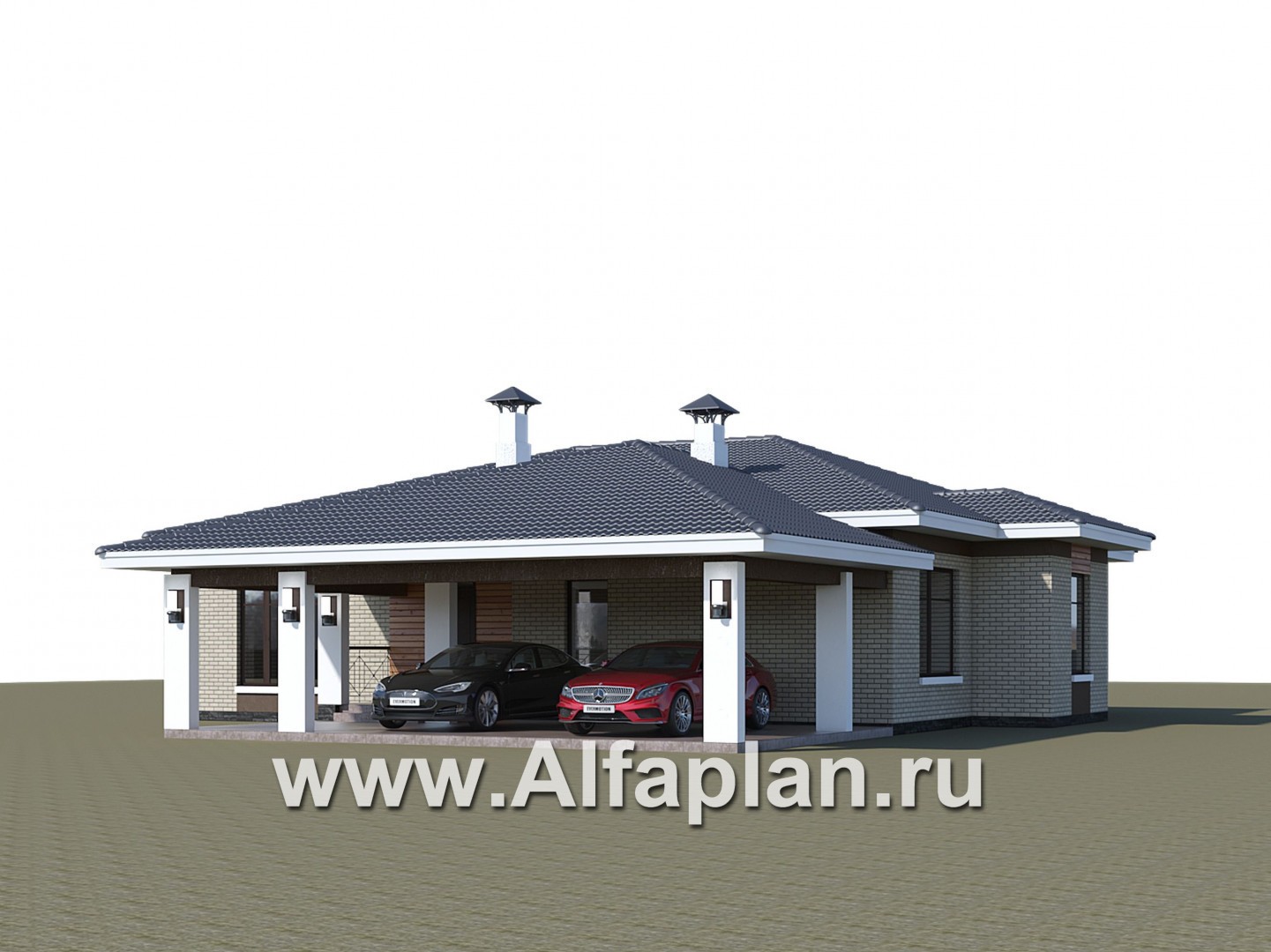 Проекты домов Альфаплан - «Покровка» - красивый дом, проект одноэтажного коттеджа из газобетона, мастер спальня, с террасой и с навесом на 2 авто - дополнительное изображение №2
