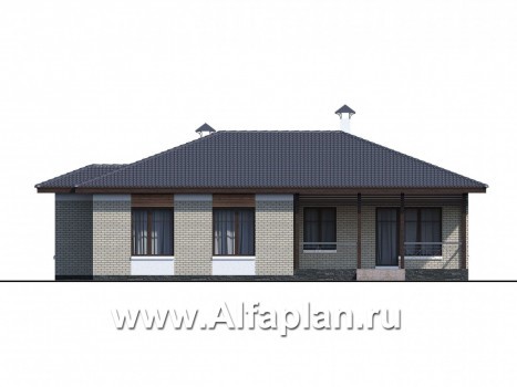 Проекты домов Альфаплан - «Покровка» - красивый дом, проект одноэтажного коттеджа из газобетона, мастер спальня, с террасой и с навесом на 2 авто - превью фасада №4