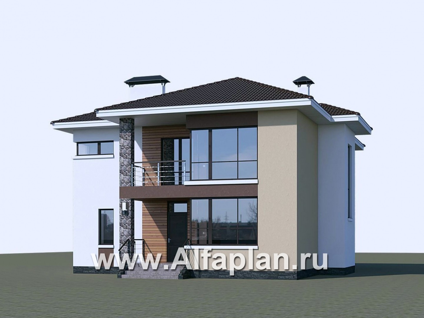 «Формула успеха» - красивый проект двухэтажного дома, из газобетона, в современном стиле с угловыми окнами - дизайн дома №2