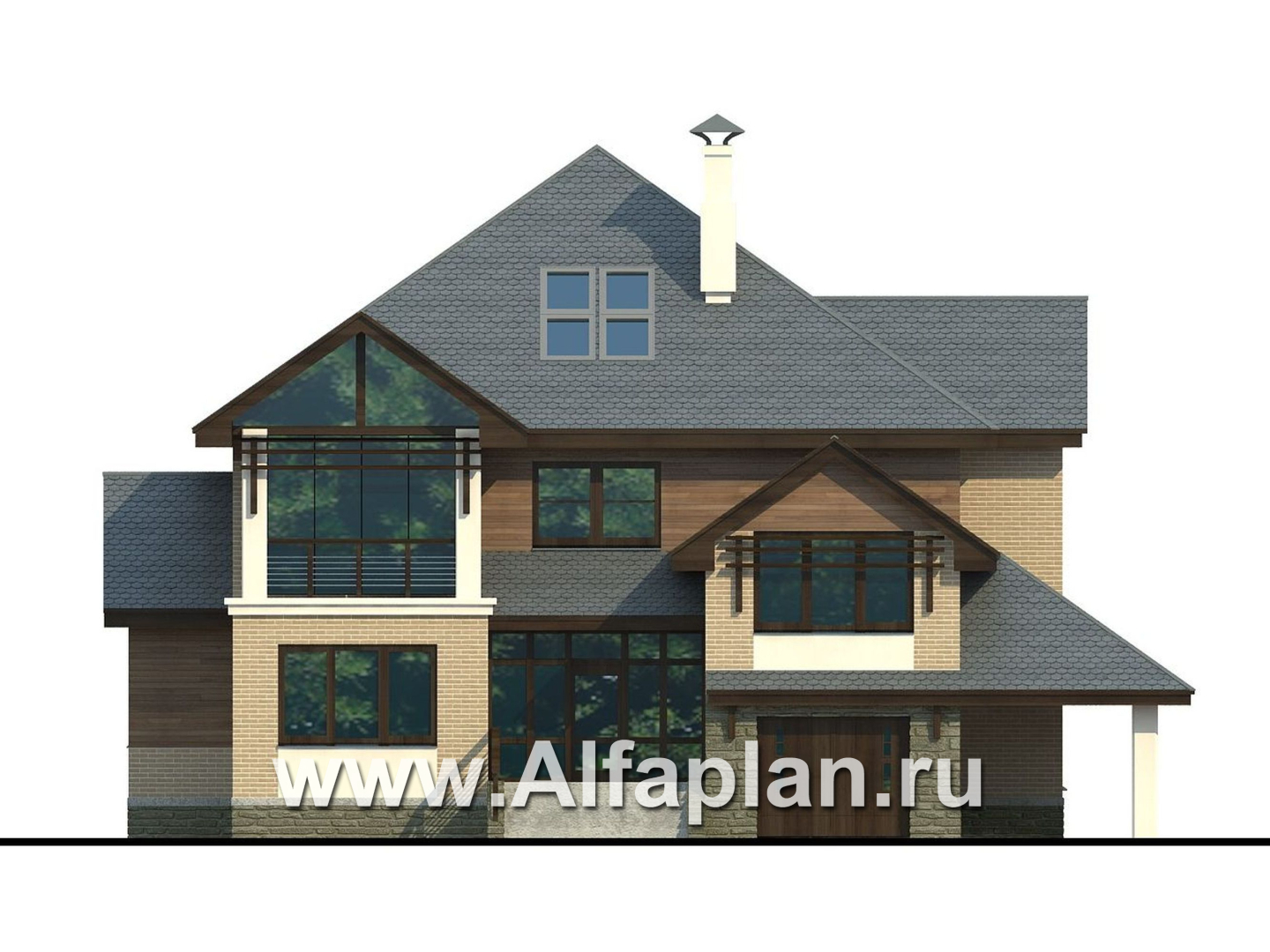 Проекты домов Альфаплан - «Современник» - коттедж с панорамными окнами - изображение фасада №1
