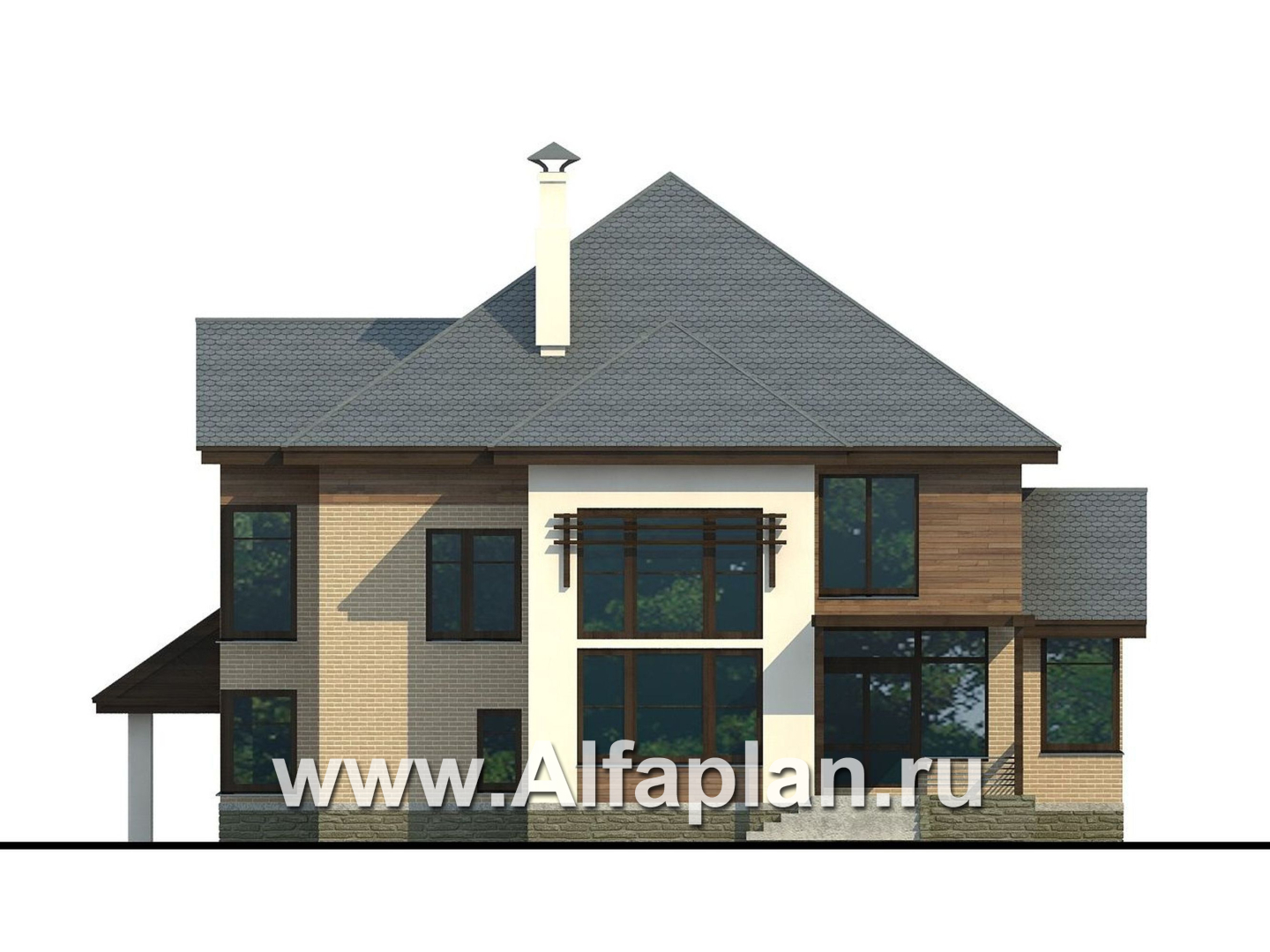 Проекты домов Альфаплан - «Современник» - коттедж с панорамными окнами - изображение фасада №4