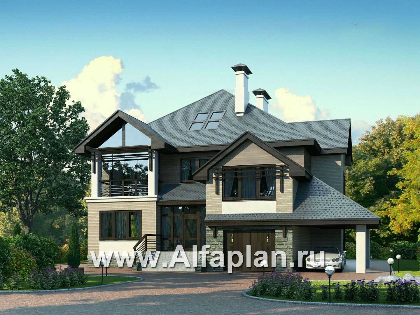 Проекты домов Альфаплан - «Современник» - коттедж с панорамными окнами - основное изображение