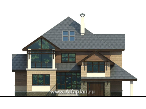 Проекты домов Альфаплан - «Современник» - коттедж с панорамными окнами - превью фасада №1