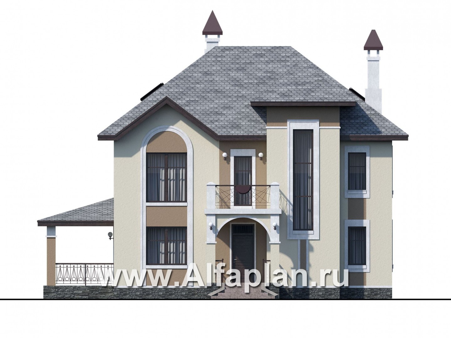 Проекты домов Альфаплан - «Разумовский» - проект двухэтажного дома из кирпича, с террасой и с балконом - изображение фасада №1