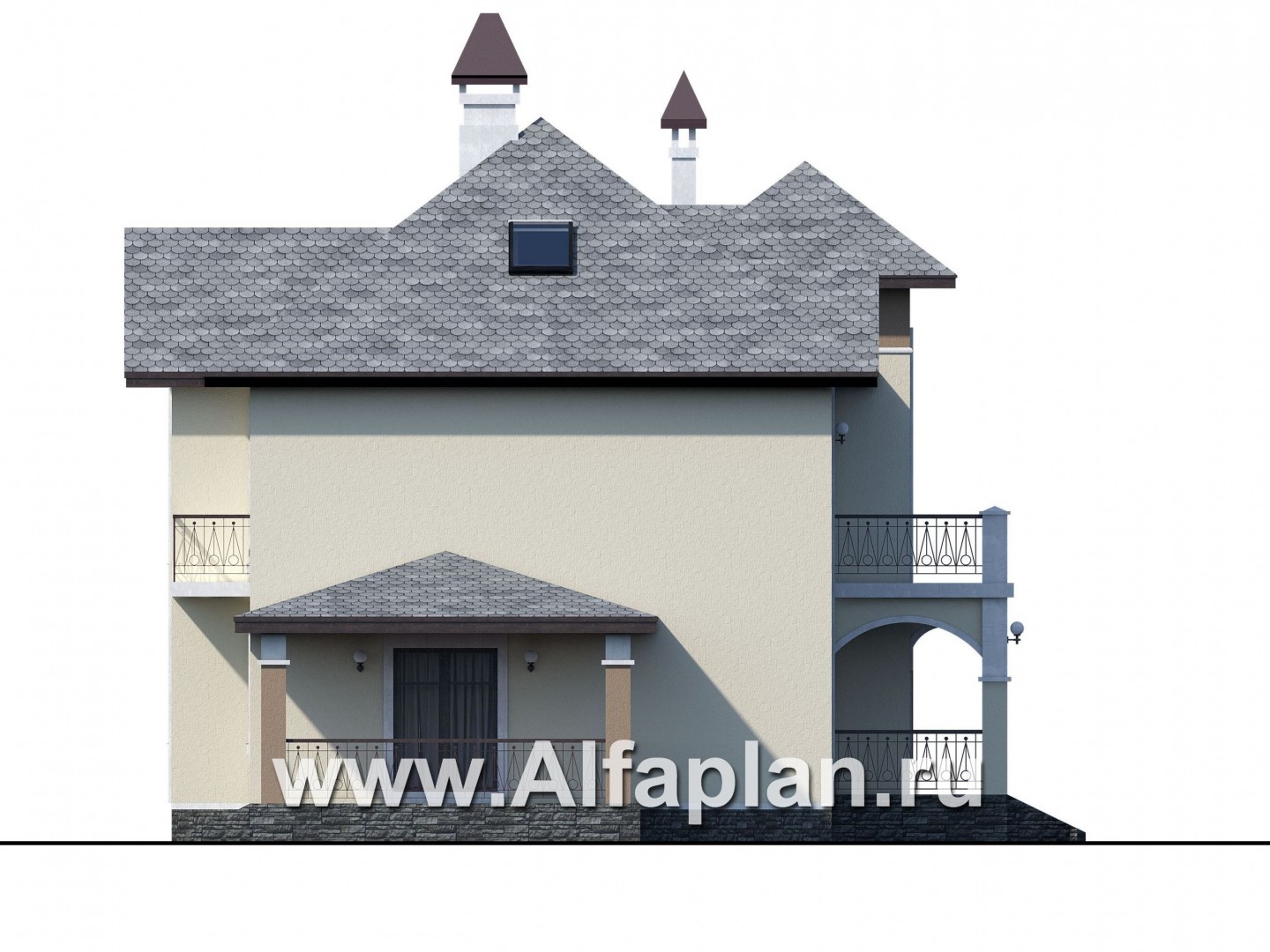 Проекты домов Альфаплан - «Разумовский» - проект двухэтажного дома из кирпича, с террасой и с балконом - изображение фасада №3