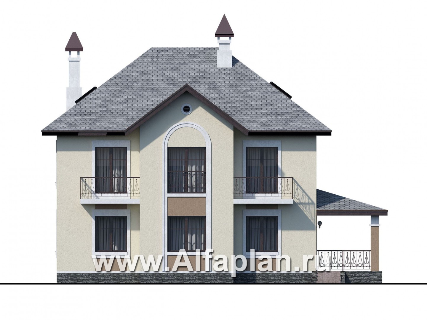 Проекты домов Альфаплан - «Разумовский» - проект двухэтажного дома из кирпича, с террасой и с балконом - изображение фасада №4