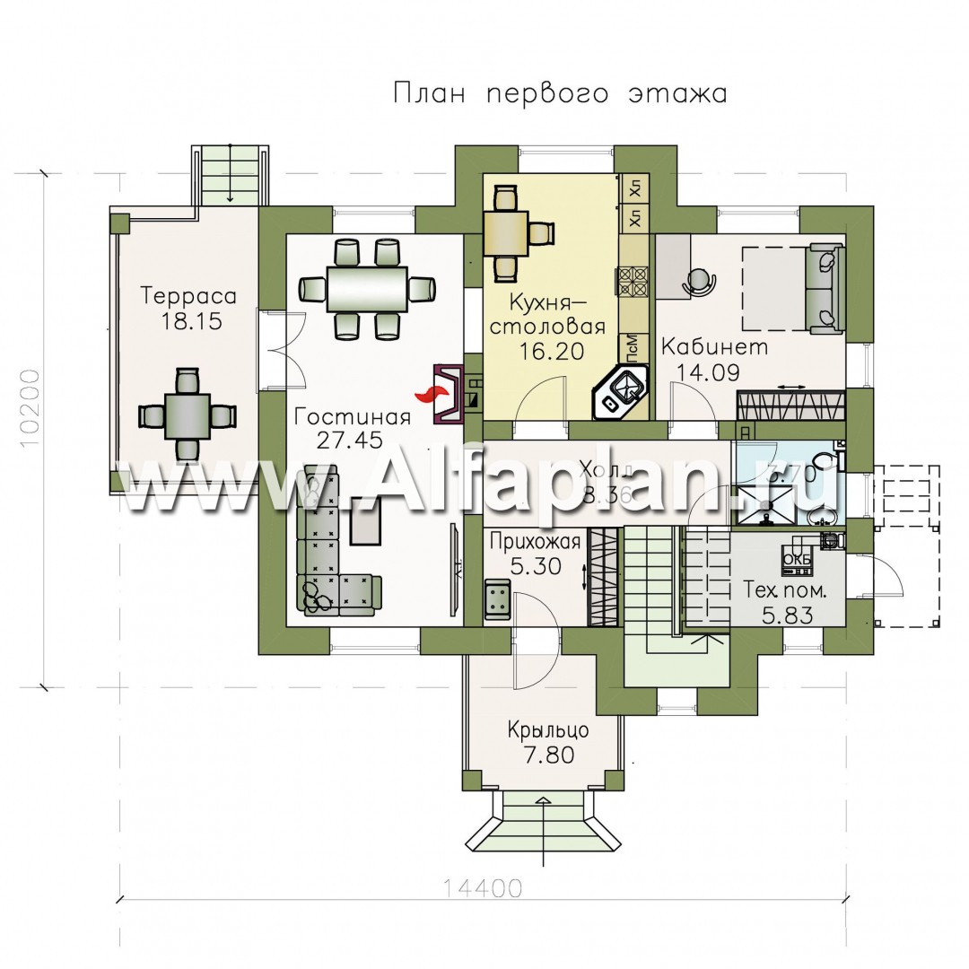 Проекты домов Альфаплан - «Разумовский» - проект двухэтажного дома из кирпича, с террасой и с балконом - план проекта №1