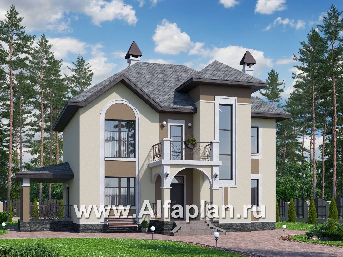Проекты домов Альфаплан - «Разумовский» - проект двухэтажного дома из кирпича, с террасой и с балконом - основное изображение
