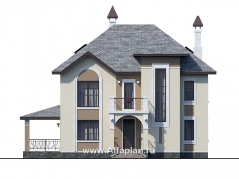 Проекты домов Альфаплан - «Разумовский» - проект двухэтажного дома из кирпича, с террасой и с балконом - превью фасада №1