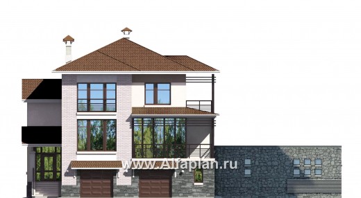 «Светлые времена» - проект трехэтажного дома из кирпича, с сауной и гаражом на 2 авто в цоколе, пристроен бассейн - превью фасада дома - фото №1