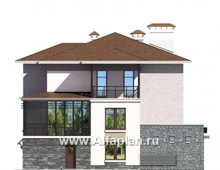 «Светлые времена» - проект трехэтажного дома из кирпича, с сауной и гаражом на 2 авто в цоколе, пристроен бассейн - превью фасада дома - фото №2