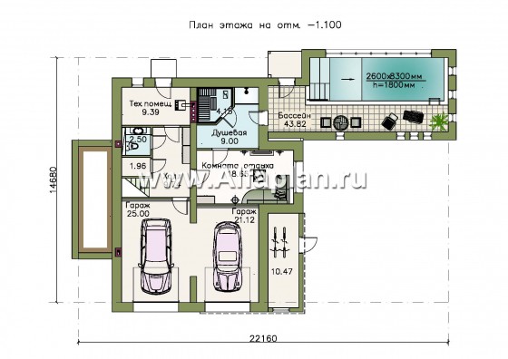 «Светлые времена» - проект трехэтажного дома из кирпича, с сауной и гаражом на 2 авто в цоколе, пристроен бассейн - превью план дома - фото №1
