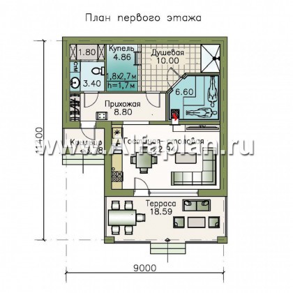 Проект бани, планировка с небольшим бассейном и террасой - превью план дома